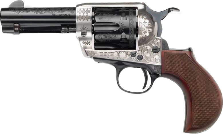 Pietta Alchimista Jr GW357AJ312NMCWL Revolver .357 Magnum 3.5" Barrel 6rd Single Action Old Silver & Blue Engraved, Checkered Express Grips